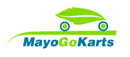 Logo of MayoGoKarts with a green leaf and car design on a white background