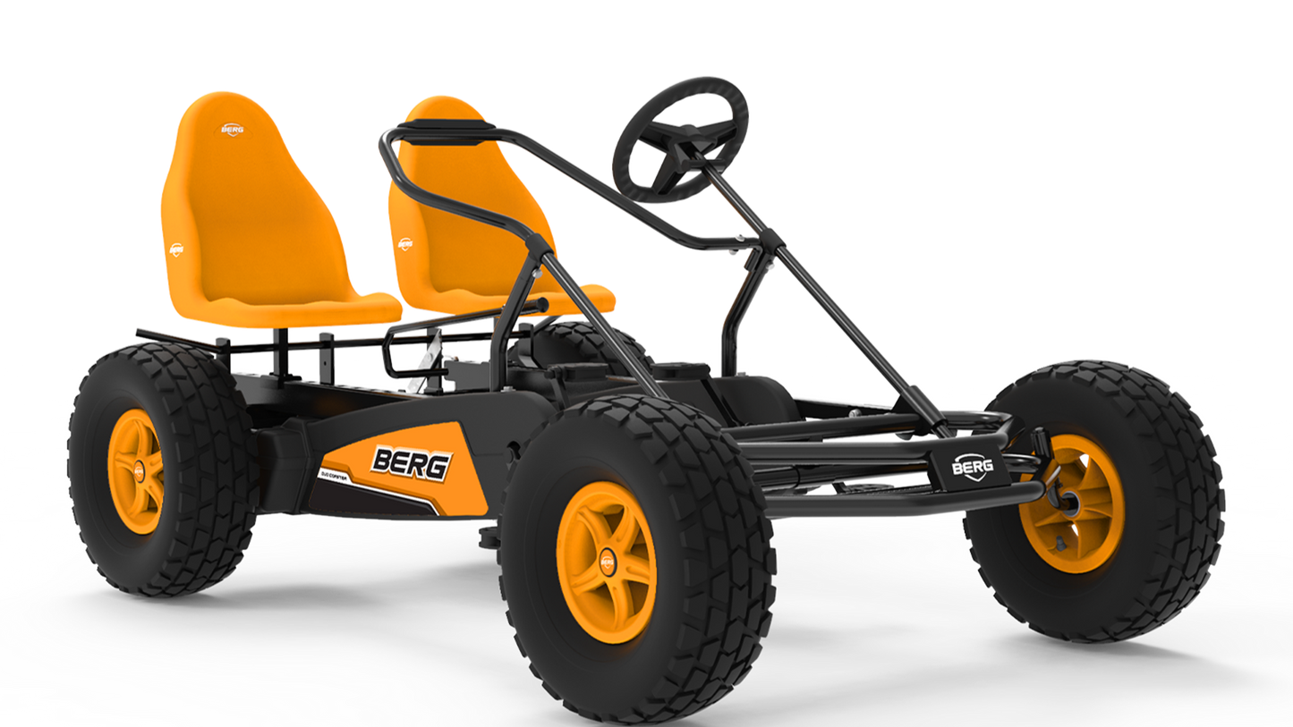 Two children riding BERG Duo Coaster pedal go-kart outdoors