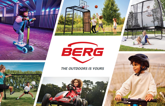BERG go karts for different age groups including Buzzy, Reppy, Buddy, Rally and XL models displayed outdoors
