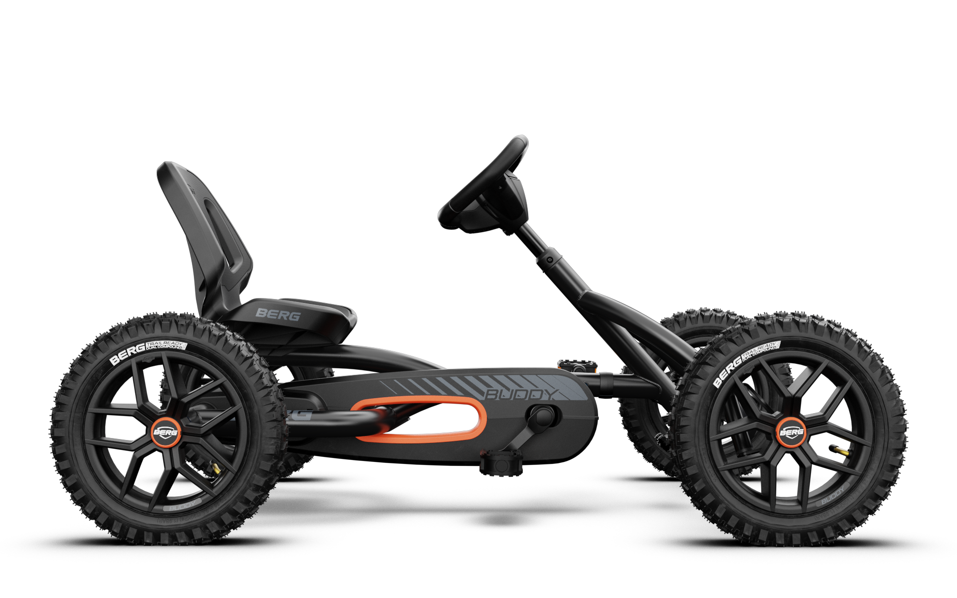 side view of BERG Buddy Cross Black pedal go kart showing frame design and build quality