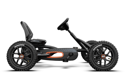 side view of BERG Buddy Cross Black pedal go kart showing frame design and build quality