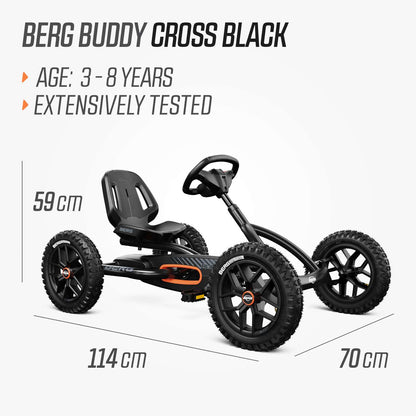 rear view of BERG Buddy Cross Black pedal go kart strong frame kids outdoor toy Ireland