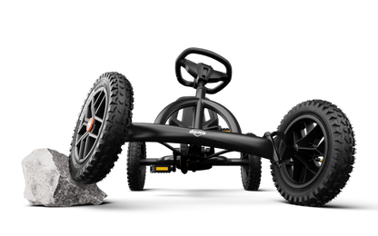 close up of BERG Buddy Cross Black go kart steering wheel and wheels durable kids pedal go kart
