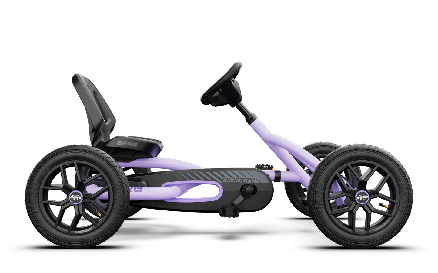 side view of BERG Buddy Purple pedal go kart showing frame and design kids outdoor toy