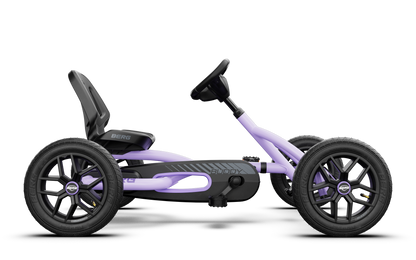 side view of BERG Buddy Purple pedal go kart showing frame and design kids outdoor toy