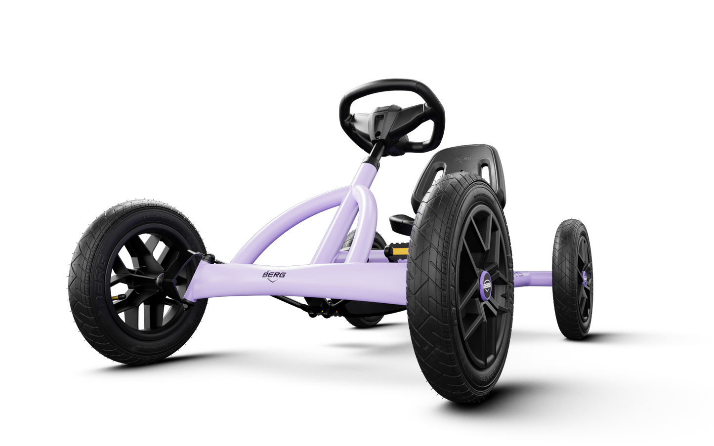 close up of BERG Buddy Purple go kart steering wheel and wheels durable kids pedal go kart