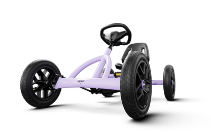 close up of BERG Buddy Purple go kart steering wheel and wheels durable kids pedal go kart