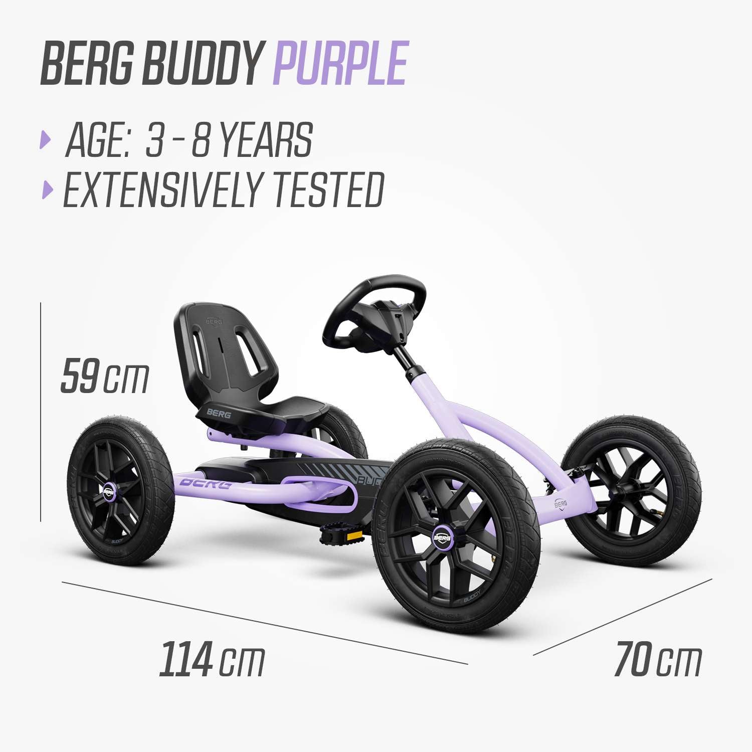 rear view of BERG Buddy Purple pedal go kart strong frame kids outdoor toy Ireland
