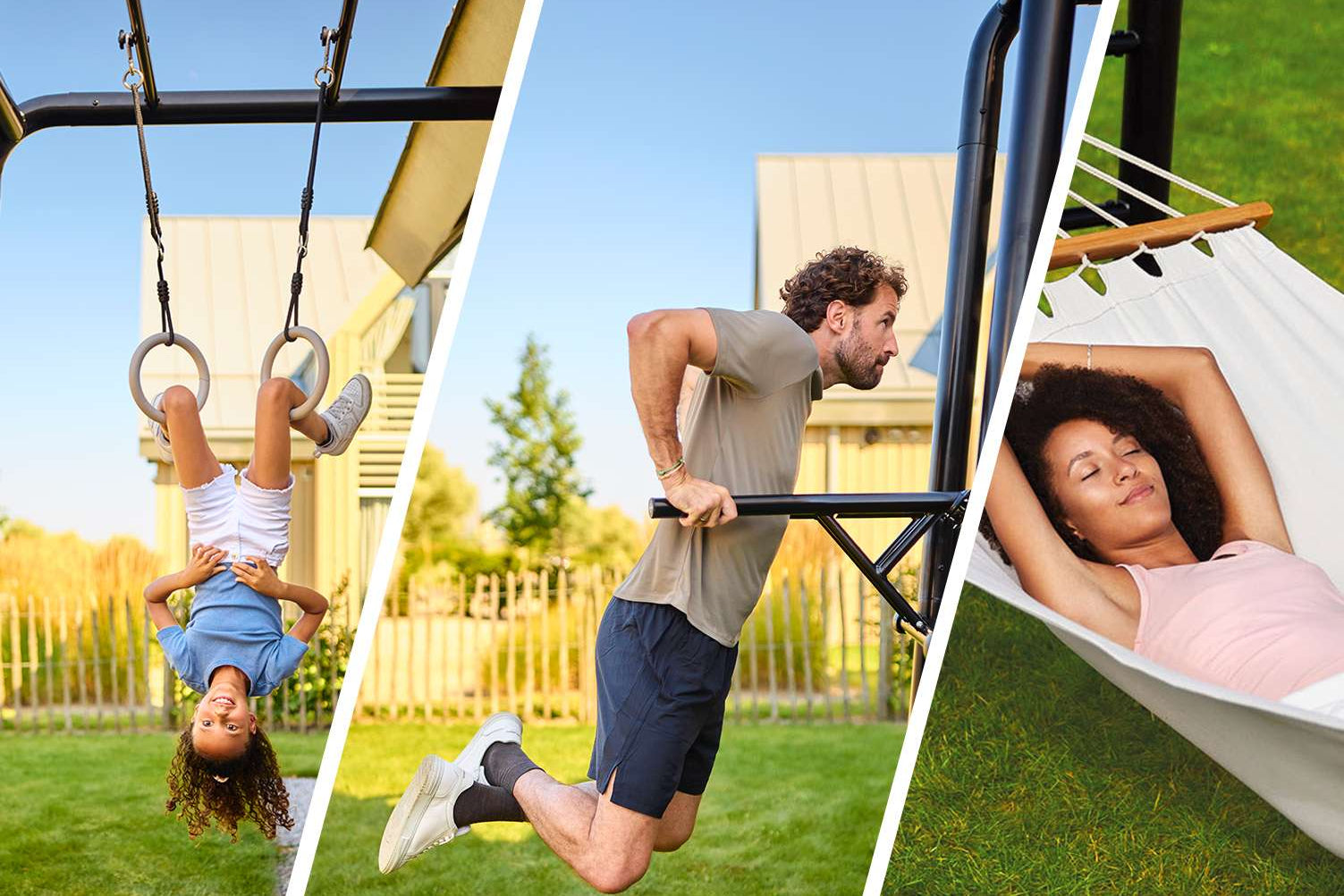 Three-in-one view of the BERG PlayBase frame showing kids fitness activities with gym rings, play activities with swings and climbing net, and relaxing with a hammock seat in a backyard playground setup.