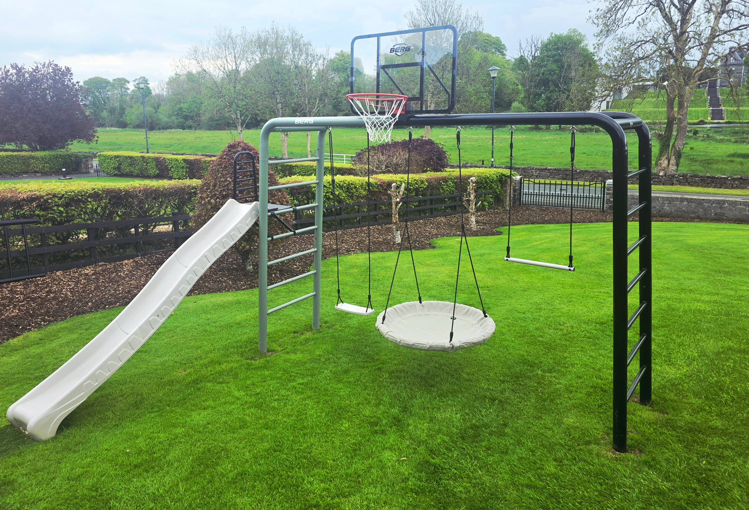 BERG PlayBase system display installed at Mayo Go Karts show site in Castlebar Ireland with accessories including swings and climbing frame