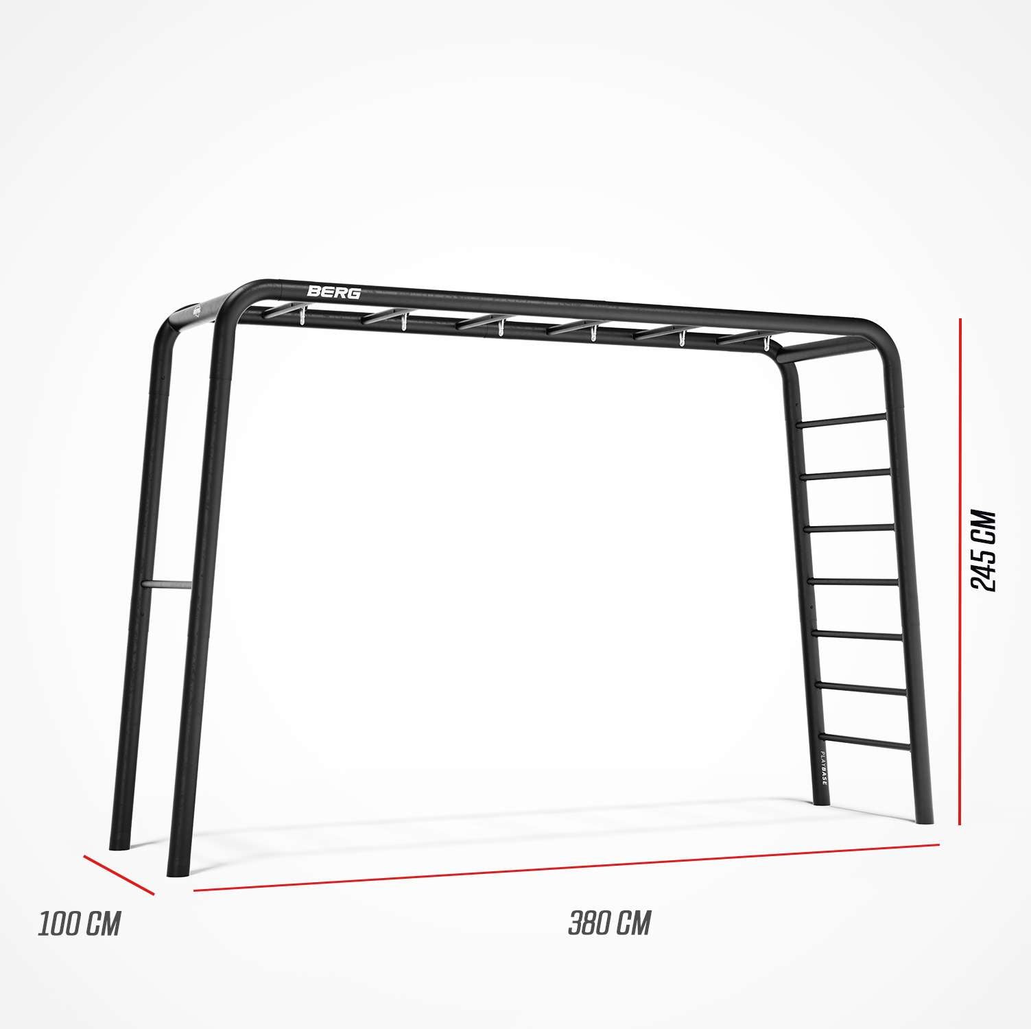 BERG PlayBase Large frame in a backyard, featuring swings, climbing net, and fitness accessories for kids’ active outdoor play and backyard fun.