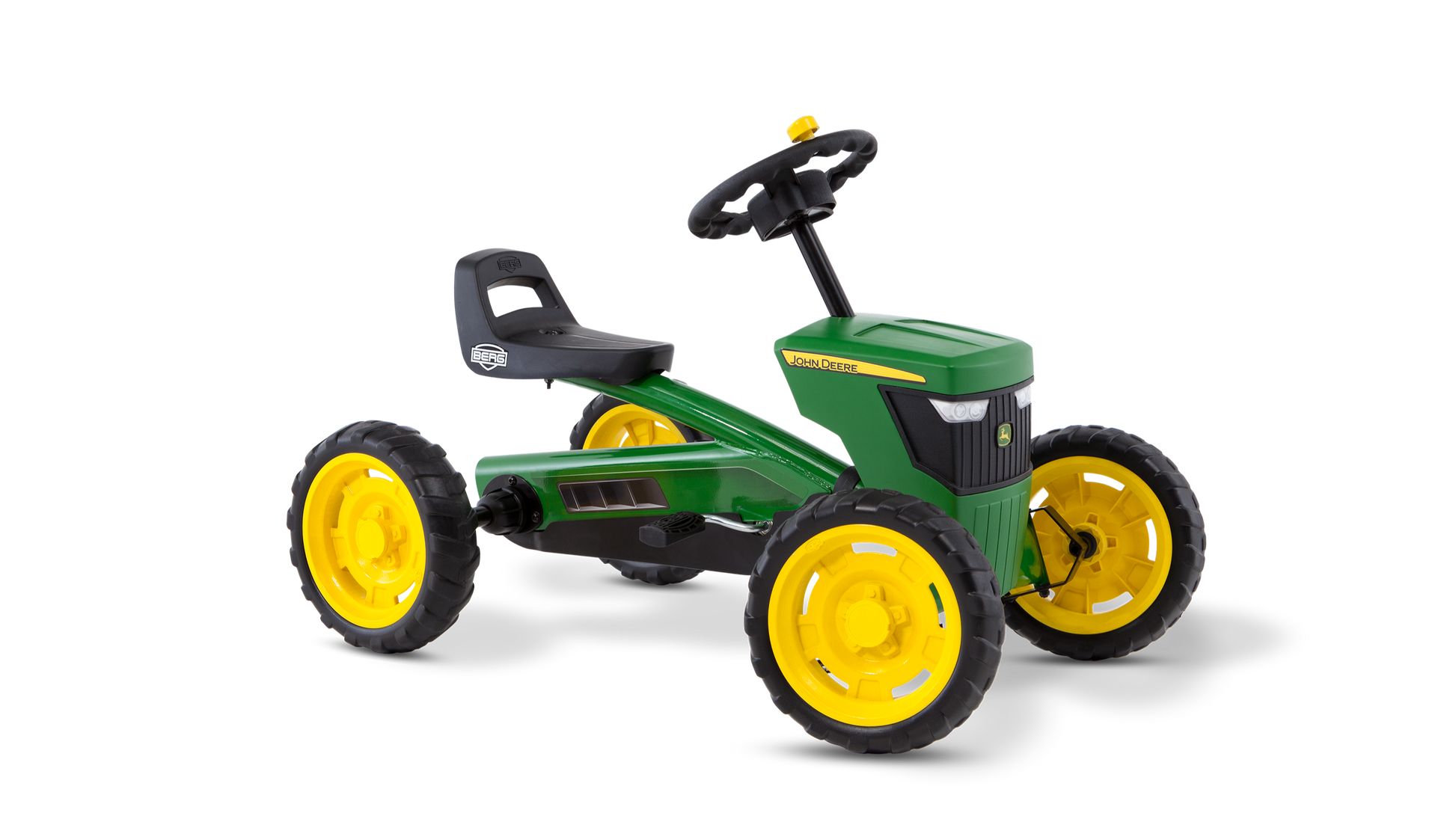 Front view of BERG Buzzy John Deere kids pedal go-kart on white background