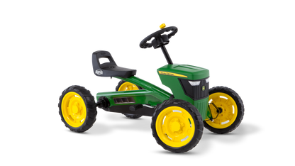Front view of BERG Buzzy John Deere kids pedal go-kart on white background