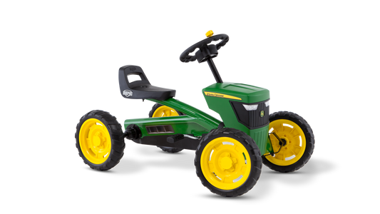 Front view of BERG Buzzy John Deere kids pedal go-kart on white background