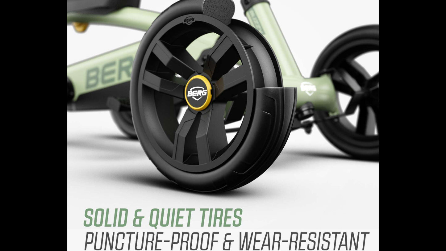 Adjustable seat detail on the BERG Buzzy Green pedal go-kart
