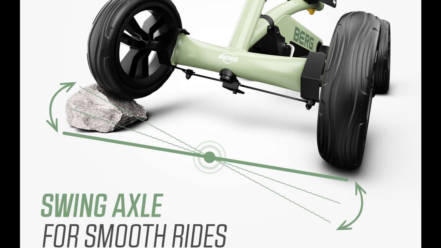 Close-up of the sturdy frame construction on the BERG Buzzy Green go-kart