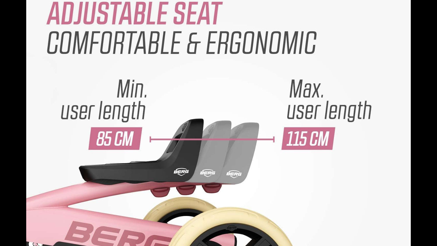Adjustable seat detail on the BERG Buzzy Pink pedal go-kart