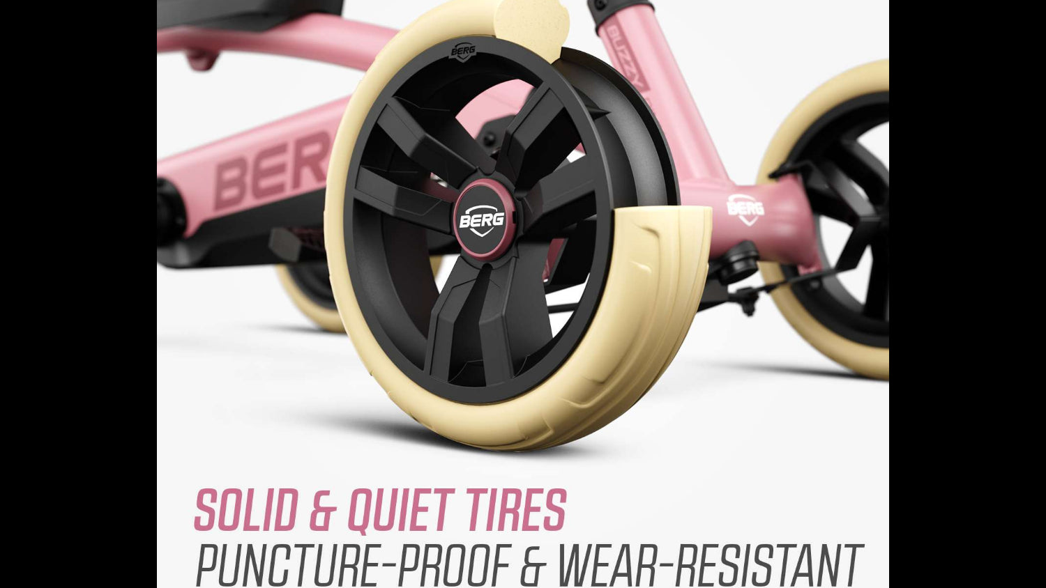 Silent EVA tyres on the BERG Buzzy Pink for smooth and quiet riding