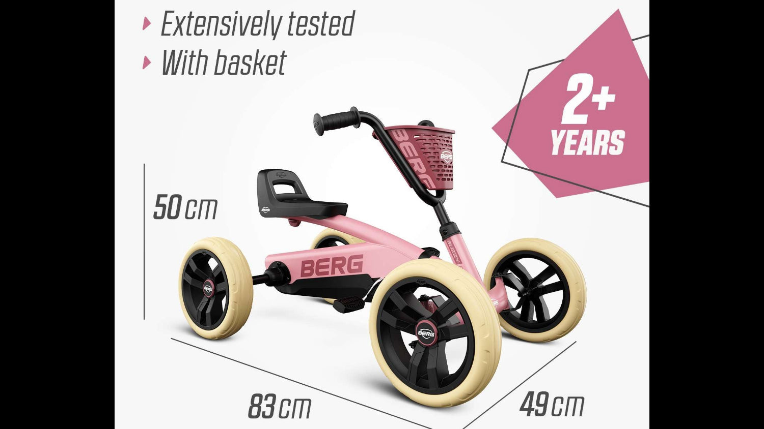 Close-up of the sturdy frame construction on the BERG Buzzy Pink go-kart