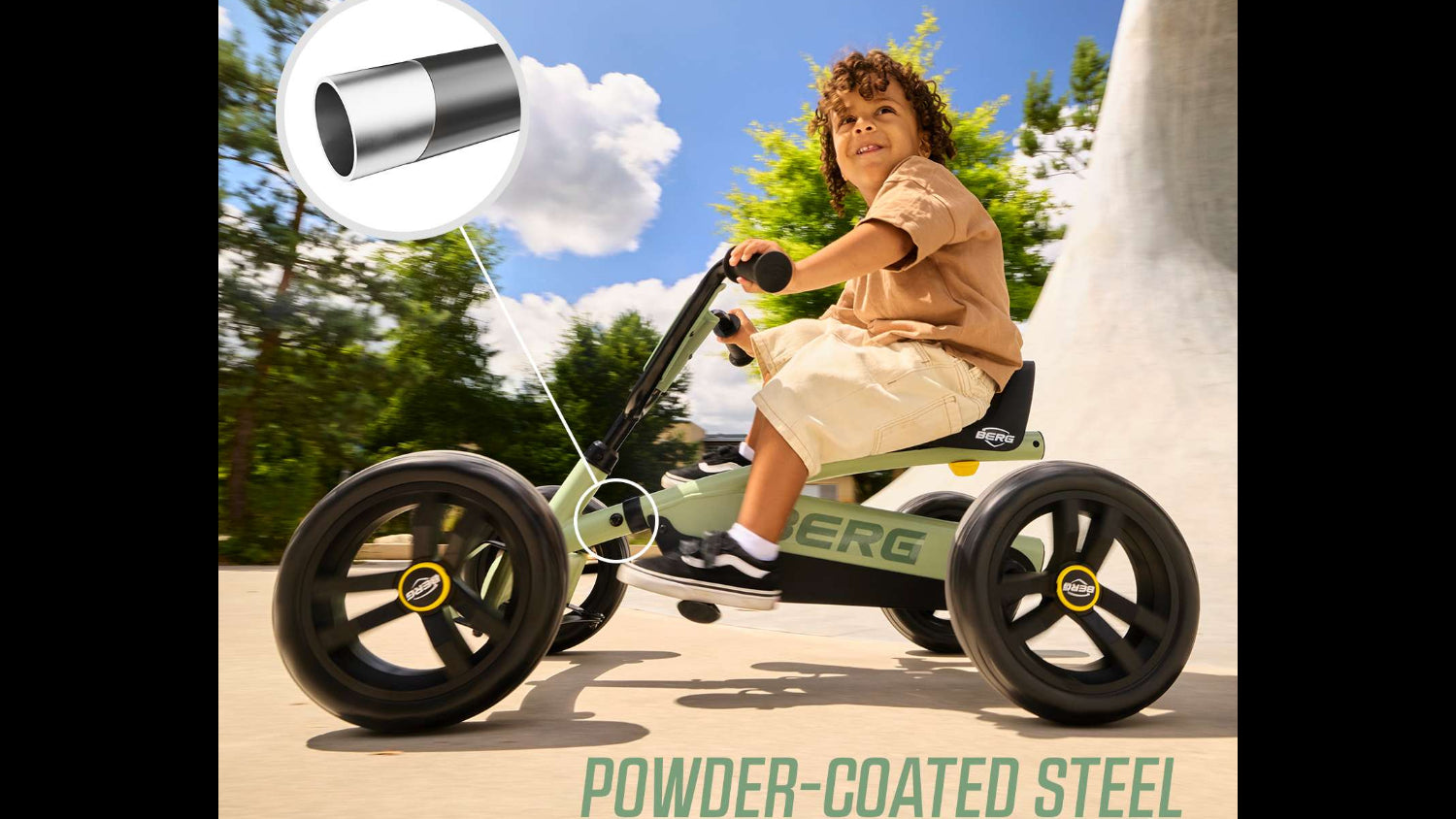 Toddler riding a green BERG Buzzy pedal kart on a garden path